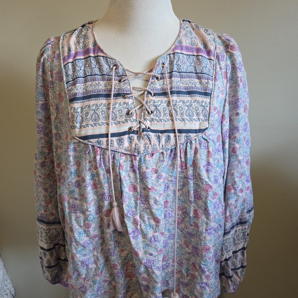 Lucky Brand Pastel Paisley Lace-Up Peasant Tunic - Picture 6 of 11